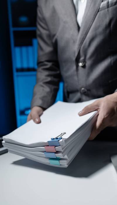 An employee held a large pile of documents in his hand, Large piles of work documents on desks are being sorted by employees, Important documents are stacked.
