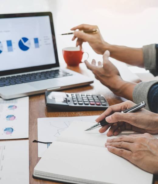 Business team casual collaboration discussing working analysis with financial data and marketing growth report graph in team, Meeting Talking Brainstorming Communication Concept.